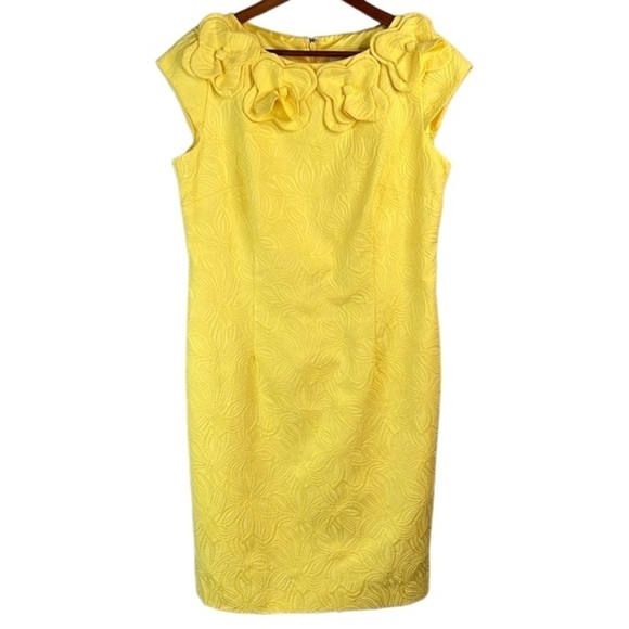 SD COLLECTION Floral Appliqué Yellow Dress Bateau Neck Brocade Tailored Fit 12 - Picture 13 of 13
